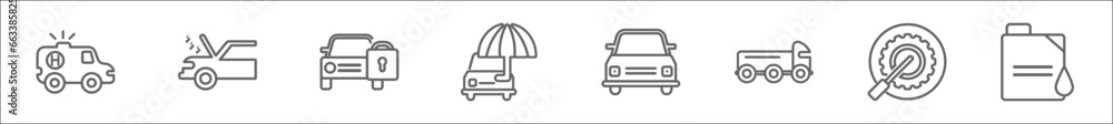 Poster outline set of mechanicons line icons. linear vector icons such as red cross car, car with heat prob