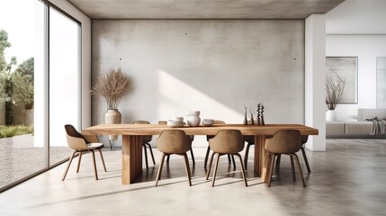 Minimalist dining room with a large wooden table against a gray concrete wall. Generation AI - Powered by Adobe