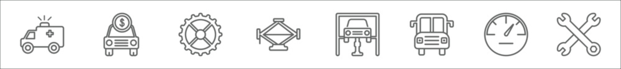 outline set of mechanicons line icons. linear vector icons such as big ambulance facing left, car for sale, bicycle sprockets, garage elevator, car on an elevator, big bus front, car speedometer, © Digital Bazaar
