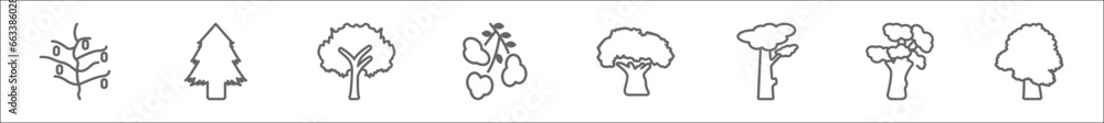 Poster outline set of nature line icons. linear vector icons such as cucumber tree tree, red pine tree, bla