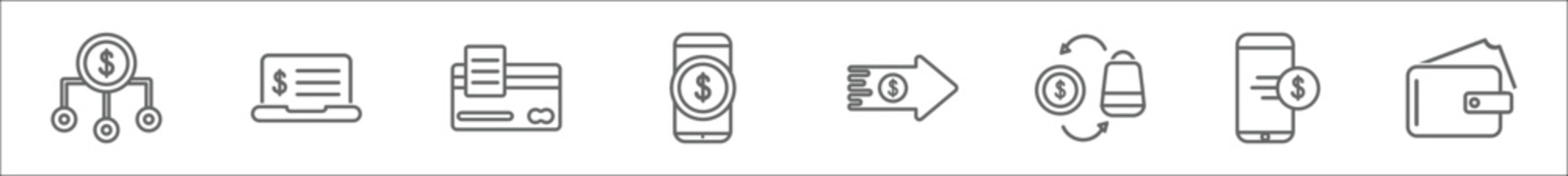 outline set of payment line icons. linear vector icons such as sharing, online banking, debit payment, mobile money, transfer money, trade, mobile transfer, payment