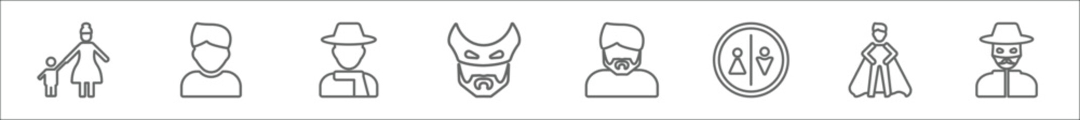 outline set of people line icons. linear vector icons such as babysitter and child, male user, argentina, devil mask, facial hair, restroom, cape, zorro - obrazy, fototapety, plakaty