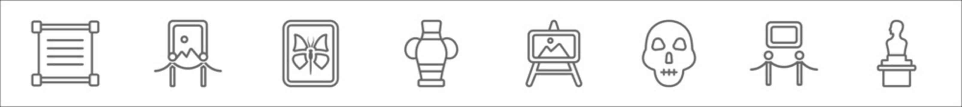 outline set of museum line icons. linear vector icons such as paper scroll, exhibition, butterfly, ceramic, museum canvas, anthropology, exhibit, bust