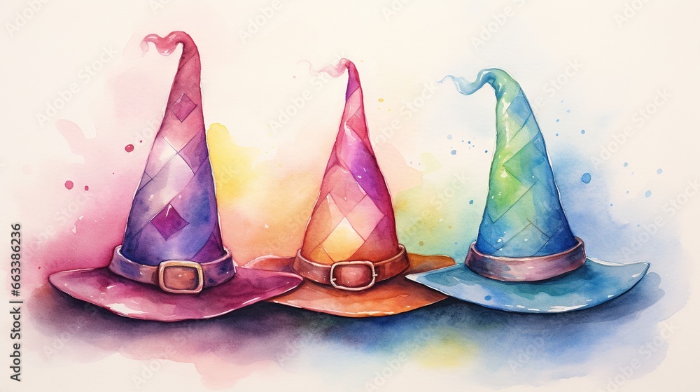 Poster three colorful witches hats sitting on top of each other on top of a table. generative ai