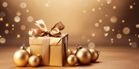 Happy New Year 2024! Golden gift box and christmas balls on golden background - obrazy, fototapety, plakaty