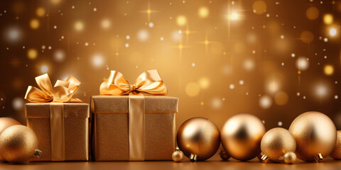 Happy New Year 2024! Golden gift box and christmas balls on golden background - obrazy, fototapety, plakaty