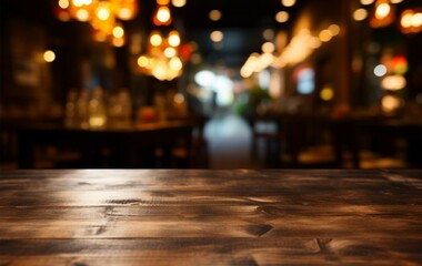 Restaurants bokeh background behind a dark wooden table for product placement - obrazy, fototapety, plakaty