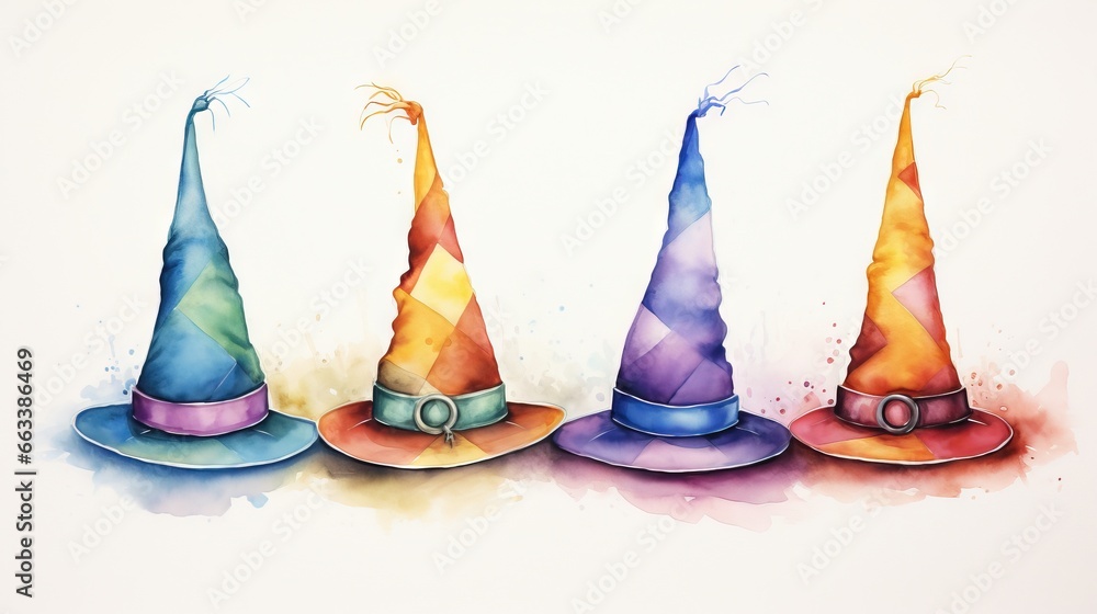 Poster three colorful witches hats with a ribbon on each of them. generative ai