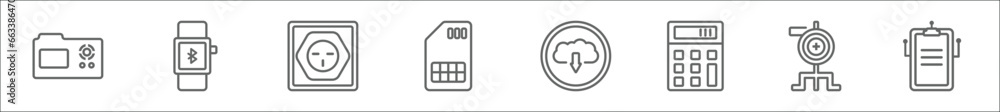Poster outline set of technology line icons. linear vector icons such as naensor, smart watch, round socket