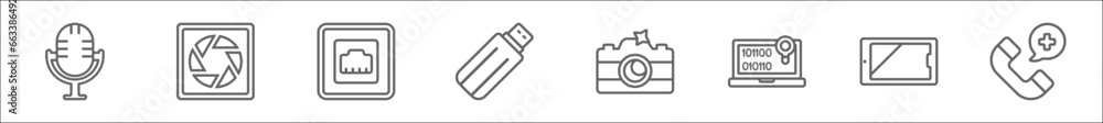 Poster outline set of technology line icons. linear vector icons such as radio microphone, camera shutter, 