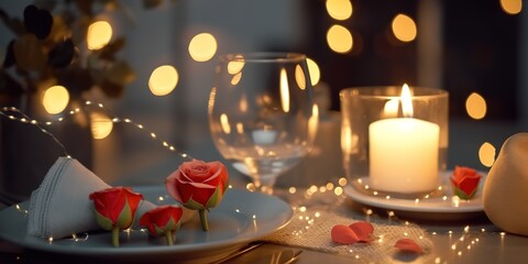 elegant and romantic dining table concept with candles in a restaurant. Romantic dinner setting with candles on top and a scattering of roses on the table. Generative AI