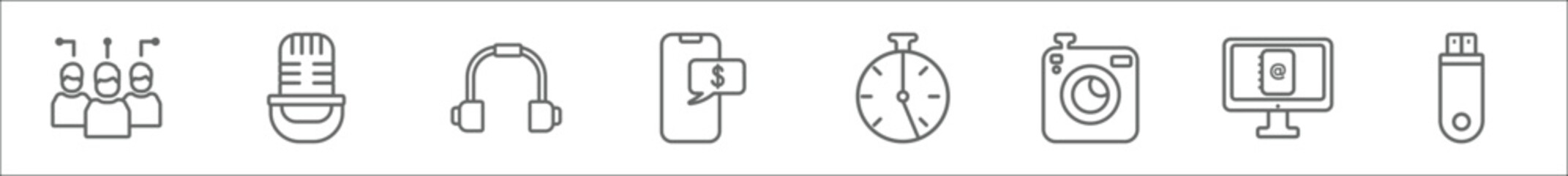 outline set of technology line icons. linear vector icons such as customers, old mic, big headphones, receive money message, half hour, retro squared camera, email agenda, inclined pendrive