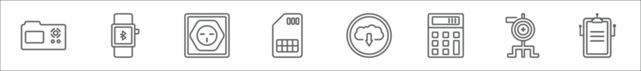 outline set of technology line icons. linear vector icons such as naensor, smart watch, round socket, big, download from virtual cloud, basic calculator, pitching hine, summary
