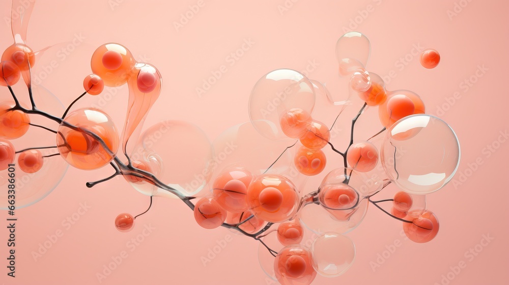 Poster a bunch of bubbles floating on top of a pink surface. generative ai