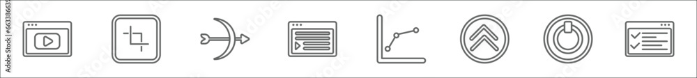 Poster outline set of user interface line icons. linear vector icons such as video file, crop tool, archer,