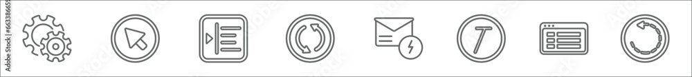 Poster outline set of user interface line icons. linear vector icons such as tings, cursor arrow, indent, u