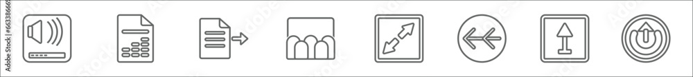 Poster outline set of user interface line icons. linear vector icons such as amplified speaker, document wi