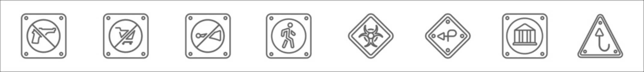outline set of traffic signs line icons. linear vector icons such as no weapons, no shopping cart, horn, pedestrian, biological hazard, degree curve road, museum, highway