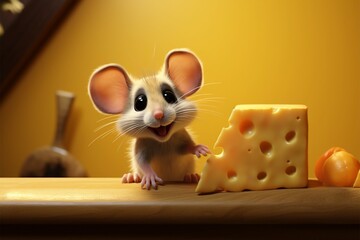 Rodent animation A playful little mouse and cheese in a cartoon - obrazy, fototapety, plakaty