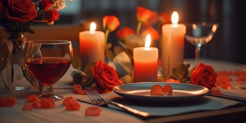 elegant and romantic dining table concept with candles in a restaurant. Romantic dinner setting with candles on top and a scattering of roses on the table. Generative AI