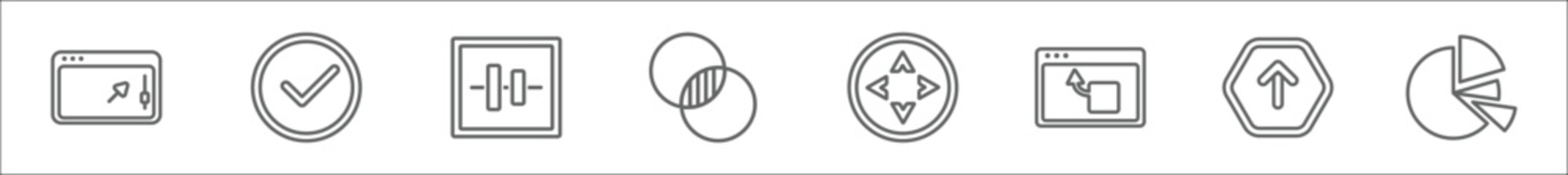 Fototapeta na wymiar outline set of user interface line icons. linear vector icons such as window scrolling right, round done button, vertical align, intersect, move arrows, window back button, top arrow, pie chart