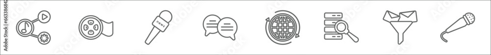 Poster outline set of multimedia line icons. linear vector icons such as share content, roll, microphone fo