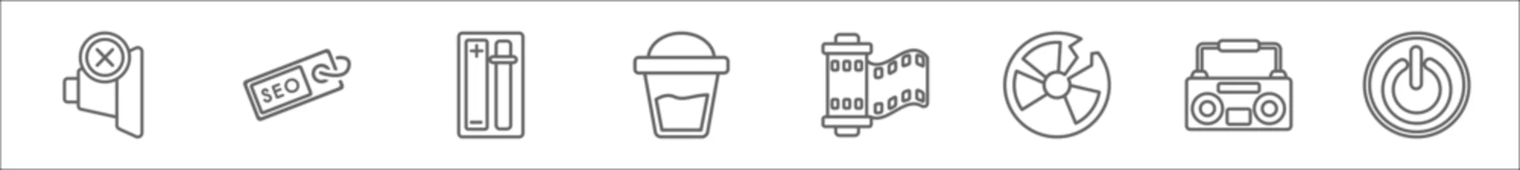 Foto op Plexiglas outline set of multimedia line icons. linear vector icons such as speaker mute, seo tag, volume control, substance, rolls, broken disc, boom box, start button © Digital Bazaar