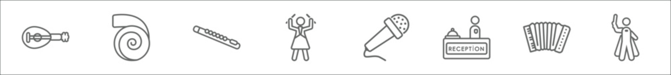 outline set of music line icons. linear vector icons such as lute, nautilus, piccolo, orchestra director, microphone for singers, hotel receptionist, accordionist, orchestra director with stick © Digital Bazaar