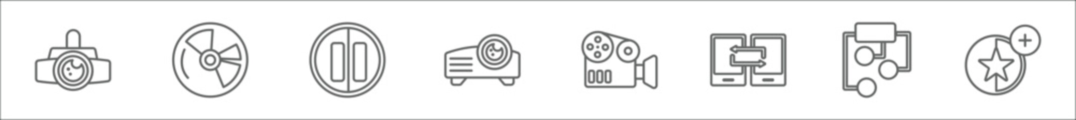 outline set of multimedia line icons. linear vector icons such as big video projector, compact disc with glare, big pause button, projector len, cinema reel video camera, data sharing, data flow - obrazy, fototapety, plakaty