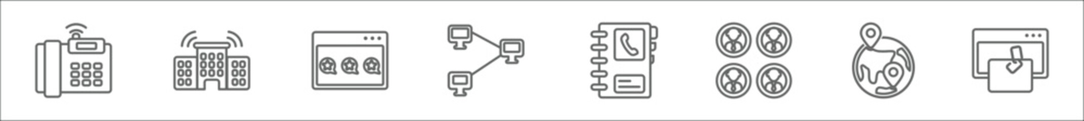 outline set of networking line icons. linear vector icons such as domestic phone, school network, stars balloons, continuous line, contact book, group avatar, localization, backlink