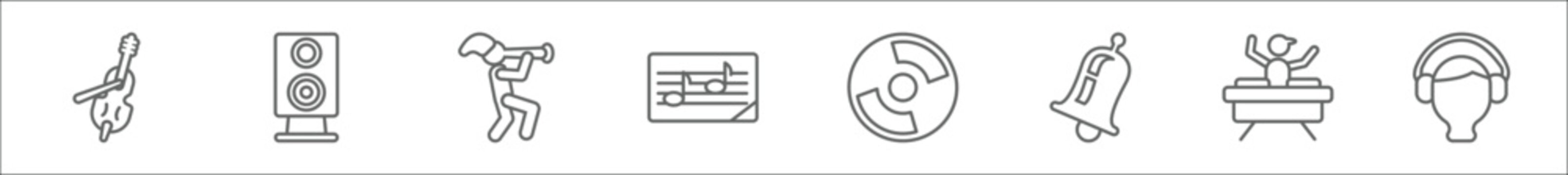 outline set of music line icons. linear vector icons such as classical music, vintage loudspeaker, pied piper of hamelin, sheet music, vynil, bell, dj hand motion, boy with headphones