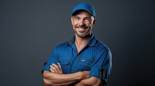 Smiling portrait of confident handsome male plumber, master in uniform