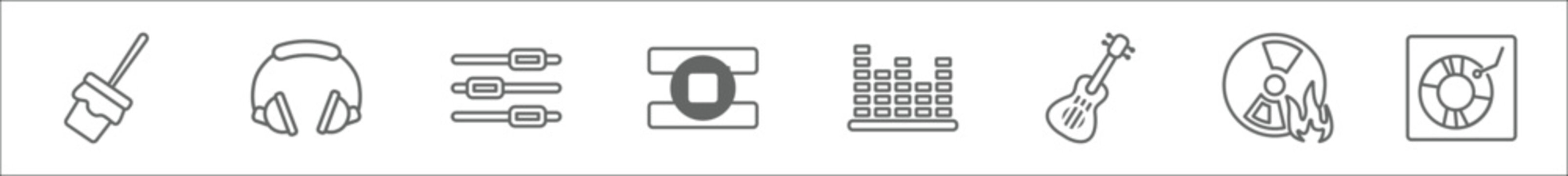 outline set of music line icons. linear vector icons such as zambomba, school headphones, music control tings button, stop square button, volume bars, three strings guitar, cd burn, vinyls