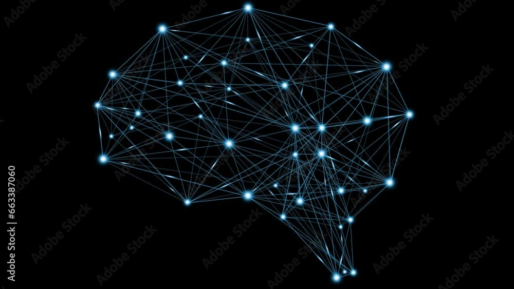Poster animation brain with light dot and neural network light move to another dot light with transparent b
