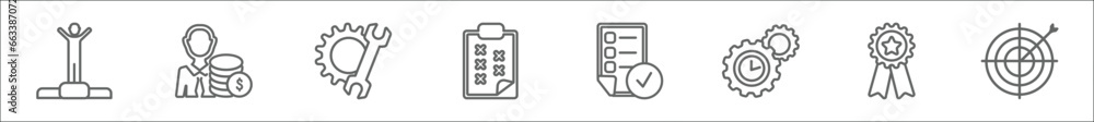Poster outline set of productivity line icons. linear vector icons such as winner on the podium, man and do