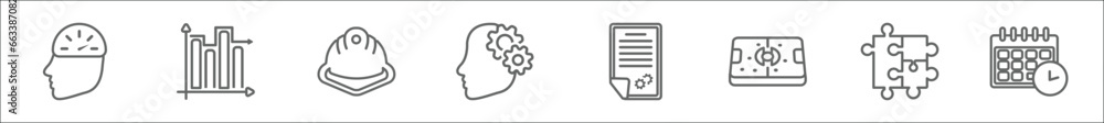 Poster outline set of productivity line icons. linear vector icons such as mind tachometer, bar graph, hard