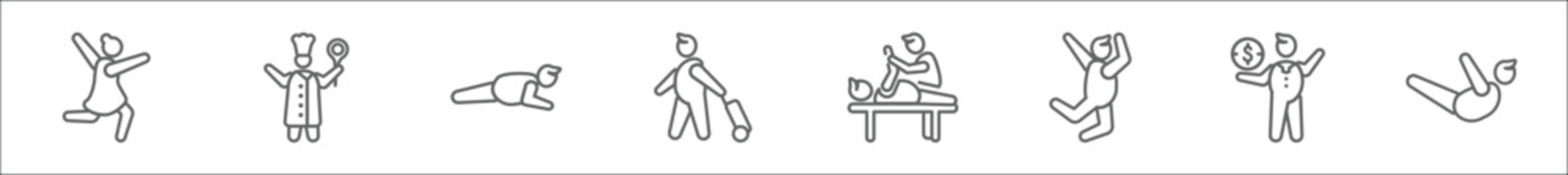 Obraz premium outline set of people line icons. linear vector icons such as girl dancing, chief, push ups, elegant man with suitcase, chiropractic, happy man jumping, businessman with dollar money, locust