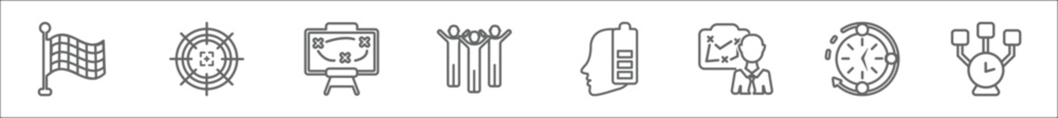 outline set of productivity line icons. linear vector icons such as racing flag, gun target, tactics, competition, mind charge, businessman and tactics, time passing, time hierarchy