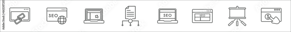 Poster outline set of search engine optimization line icons. linear vector icons such as link, seo and web,