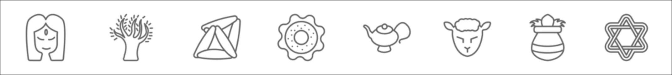 Foto op Plexiglas outline set of religion line icons. linear vector icons such as bindi, tree of life, hamantaschen, jewish bagels, genie lamp, lamb of god, kalasha, star david © Digital Bazaar