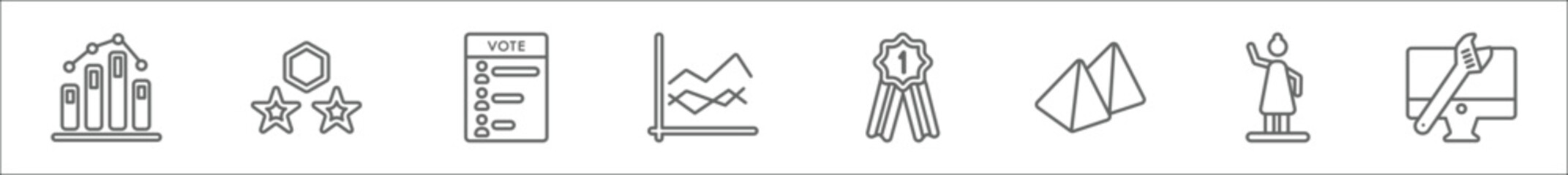 outline set of seo and web line icons. linear vector icons such as data graphic, differentiation, polling, data analytics line graphic, winner medal, two pyramids, woman success, adjustable spanner