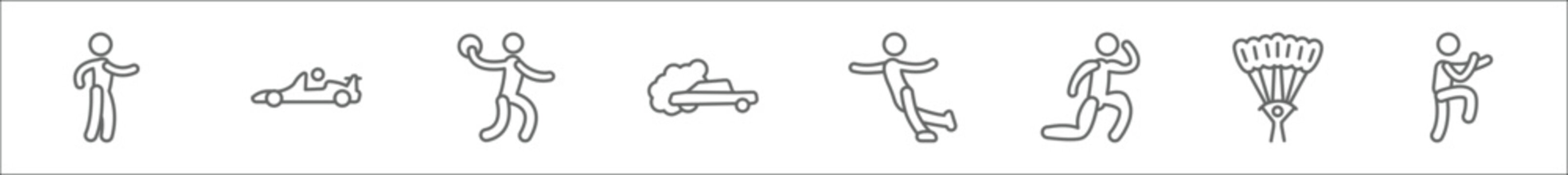 outline set of sport line icons. linear vector icons such as racewalking, formula racing, dodgeball, drifting, figure skating, bodybuilding, paragliding, aikido