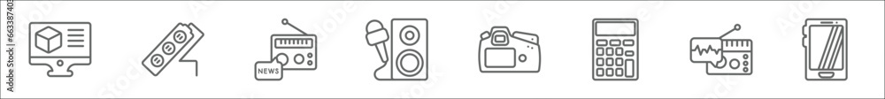 Poster outline set of technology line icons. linear vector icons such as 3d printing software, tee power, r
