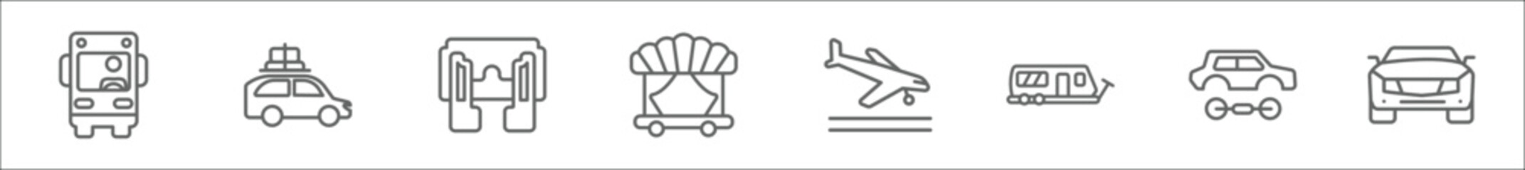 outline set of transport line icons. linear vector icons such as driving, car with luggage, fuse, theater on wheels, arriving airplane, road caravan, car wit chassis, front car - obrazy, fototapety, plakaty