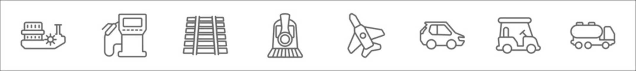outline set of transportation line icons. linear vector icons such as paddlewheeler, fuel dispenser, railway line, train front, military airplane, hatchback, golf cart, tanker