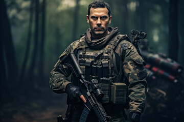 Fototapeta premium Soldier in tactical uniform in battle field