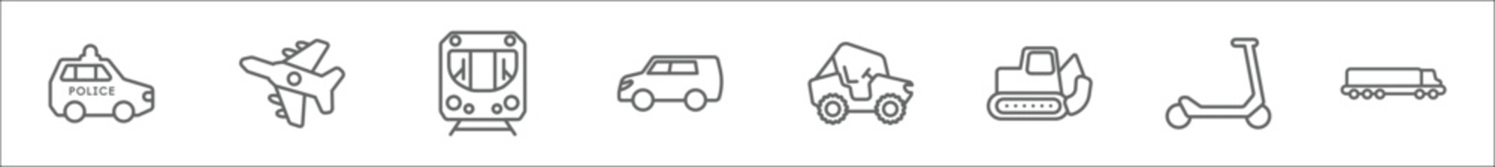 Fototapeta na wymiar outline set of transportation line icons. linear vector icons such as police car, army airplane, metro, people carrier, all terrain vehicle, excavators, micro scooter, eighteen-wheeler