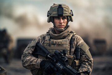 Soldier in tactical uniform in battle field - obrazy, fototapety, plakaty
