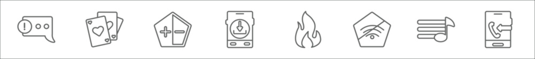 outline set of ultimate glyphicons line icons. linear vector icons such as error message, three cards, darker or brightter button, smartphone and download arrow, round flame, internet connections