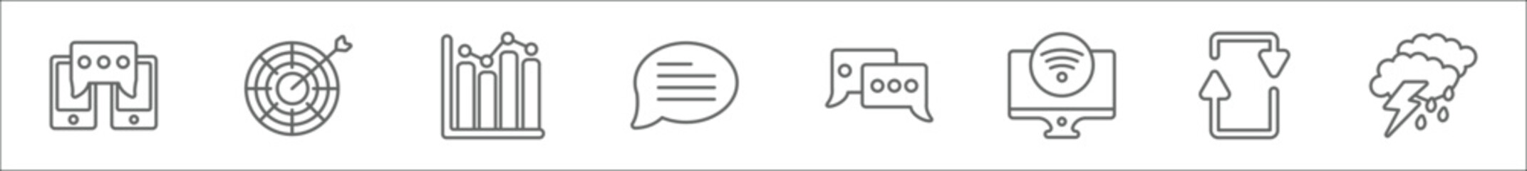 outline set of ultimate glyphicons line icons. linear vector icons such as phone connection, target with circle, three bars graph, message balloon, message bubble, tv wireless connection, refresh
